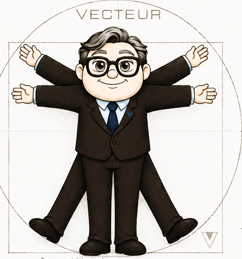 OKIO, bras et jambes écartés, dessiné à la manière de l'Homme de Vitruve